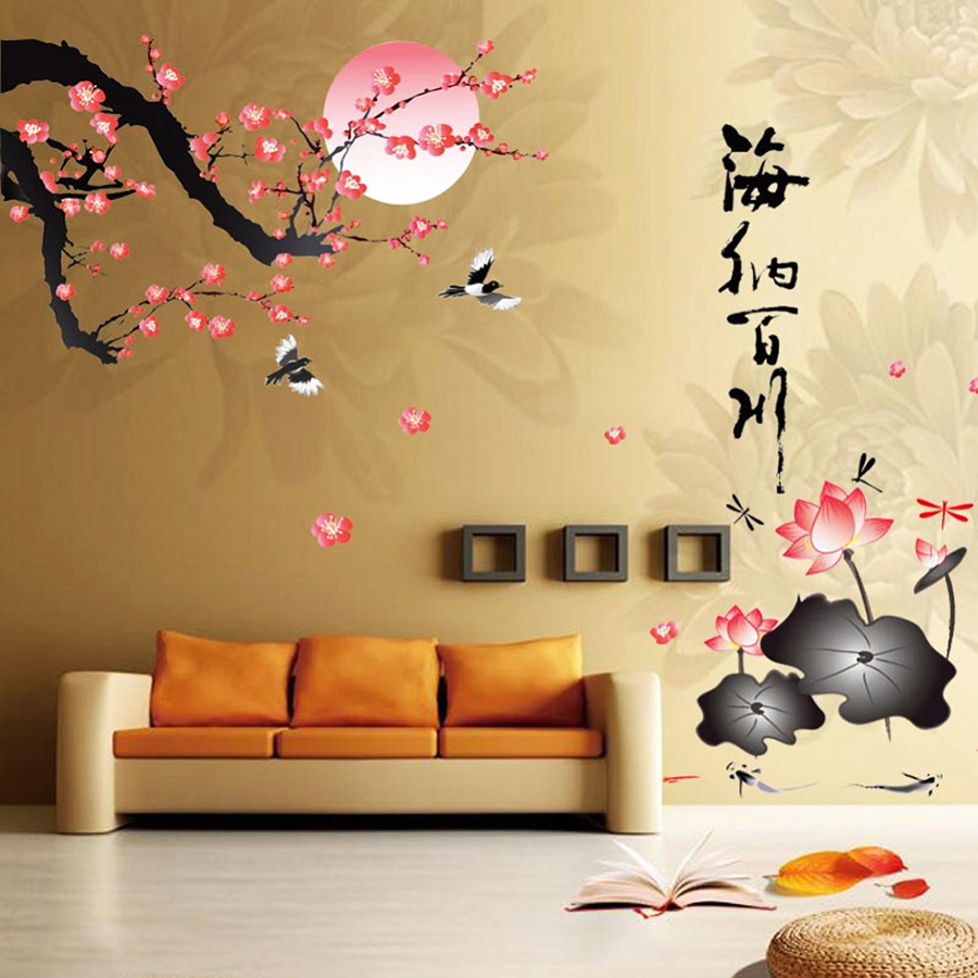 Decal Dán Tường Cành Đào Và Hoa Sen Binbin PK252 (135 x 80 cm)