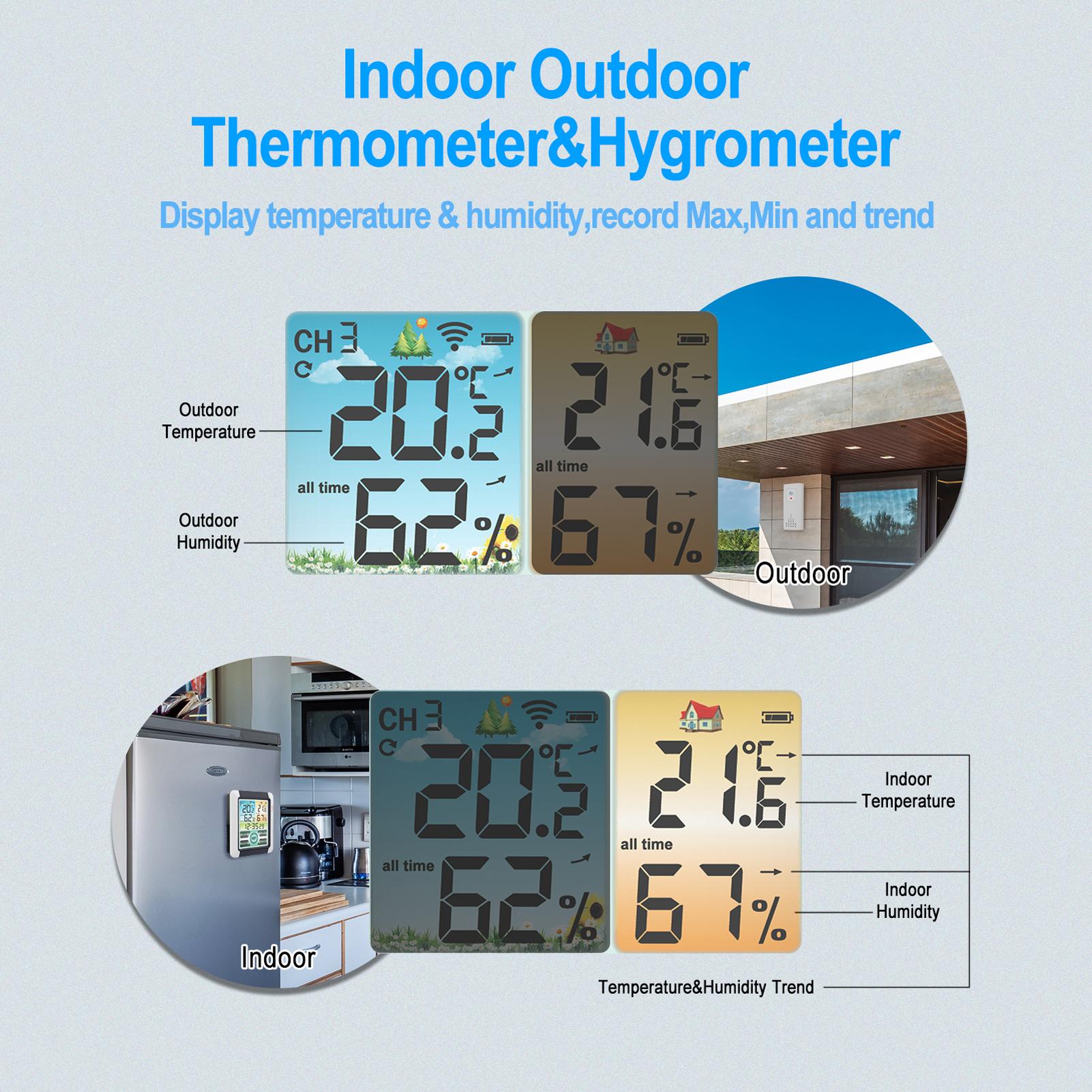 Indoor Outdoor Temperature Humidity Meter Color Touchable Screen with Backlight Time Alarm Snooze Function Household Desktop Multifunction Temperature Humidity Meter ℃ ℉ Switch History Data Viewing