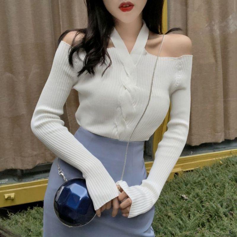 Áo Sweater dệt kim tay dài màu trơn phong cách retro