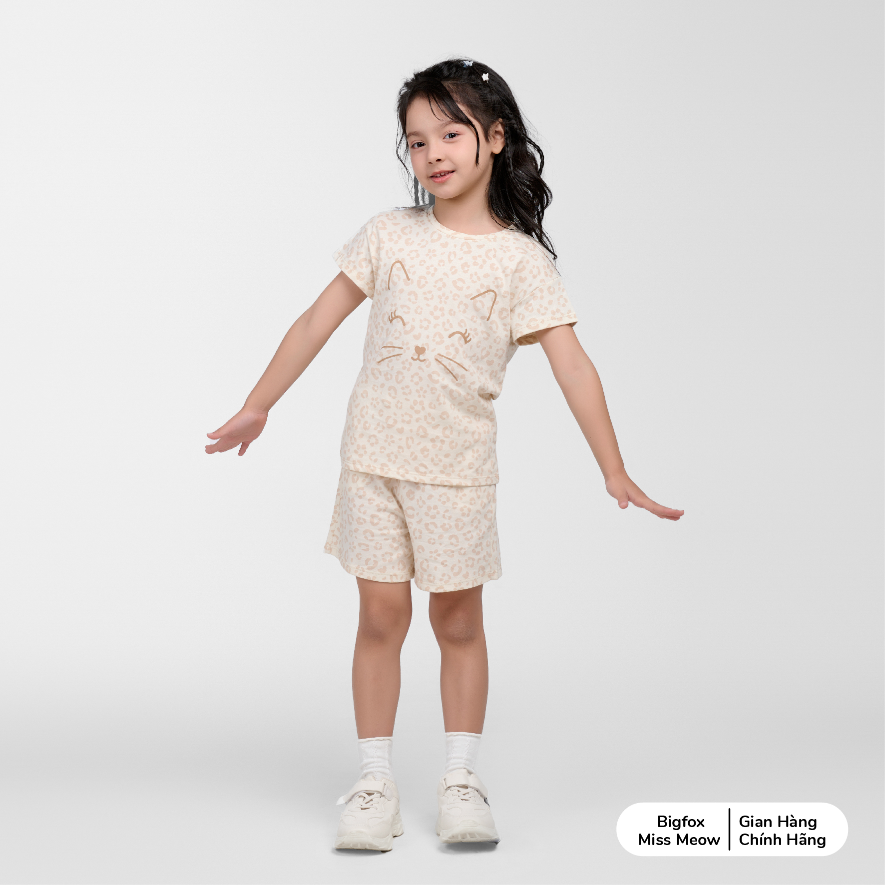 Set bộ cotton bé gái Bigfox Miss Meow size đại cộc tay mix chân váy hè cỡ 3,6,9,11 tuổi 30kg 40kg
