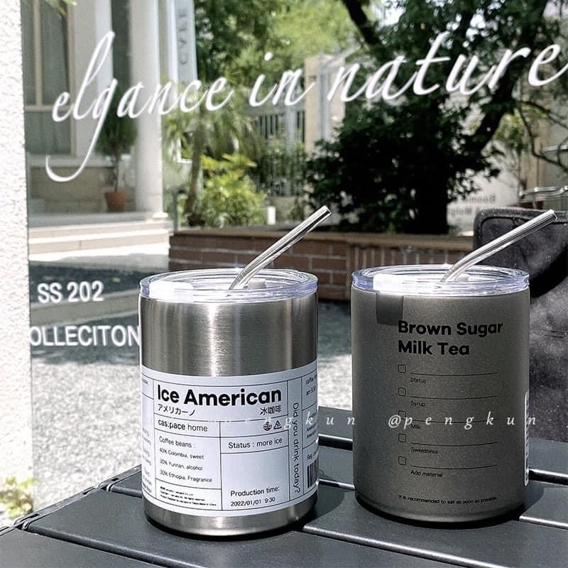 CỐC GIỮ NHIỆT INOX KÈM ỐNG HÚT HÌNH TRỤ BẠC CÁ TÍNH, CÓ NẮP ĐẬY CHỐNG ĐỔ TIỆN LỢI