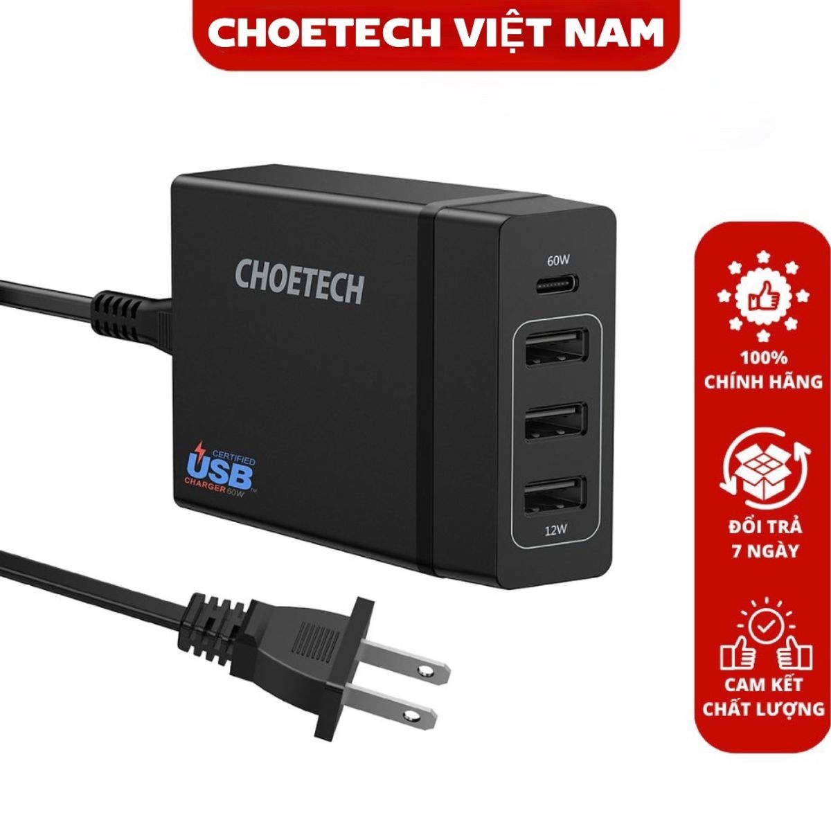 Bộ sạc nhanh công suất 72W 4 cổng (3 USB + 1 Type C) CHOETECH PD72–1C3U (Hàng chính hãng)