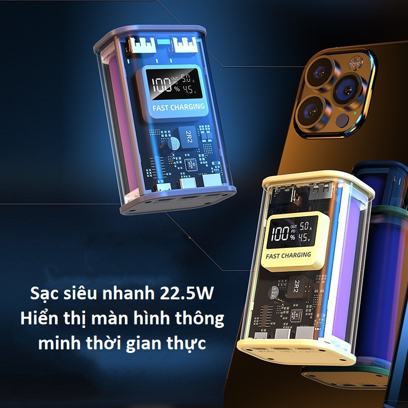 Pin Sạc Dự Phòng Di Động Fast charging trong suốt 10000mAh LED màn hình nguồn Power bank 22.5W Sạc ba thiết bị cùng một lúc