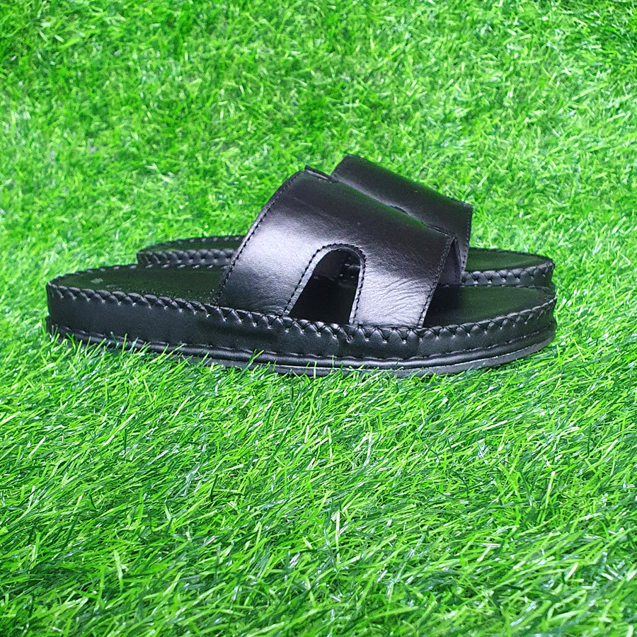 Dép nam đế cao 3cm bản ngang chữ H da bò trường Hải màu đen D146
