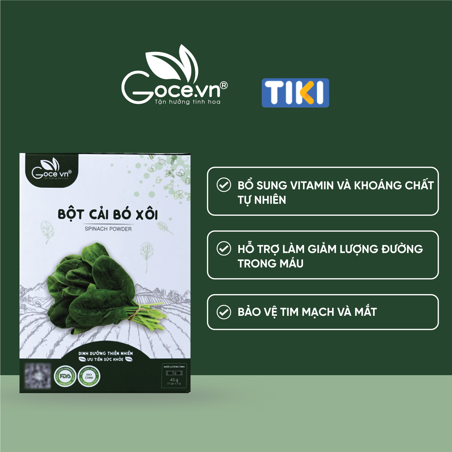 Bột cải bó xôi nguyên chất Goce (Rau Bina) - 45g (15 gói x 3g) ST