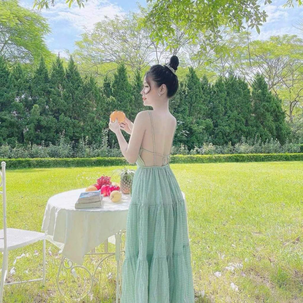 Đầm váy maxi xốp 2 dây nhún tầng hở lưng siêu hot