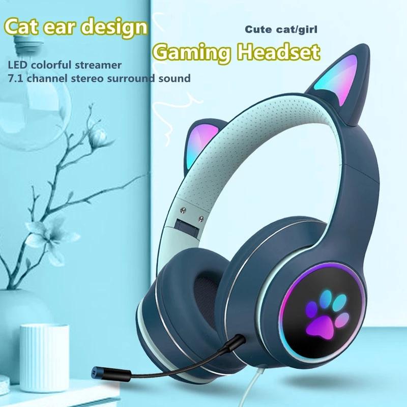 Mèo Tai Có Dây Tai Nghe Giảm Tiếng Ồn Dual Mic Tai Nghe LED Chơi Game Cho Máy Tính Laptop Game Thủ