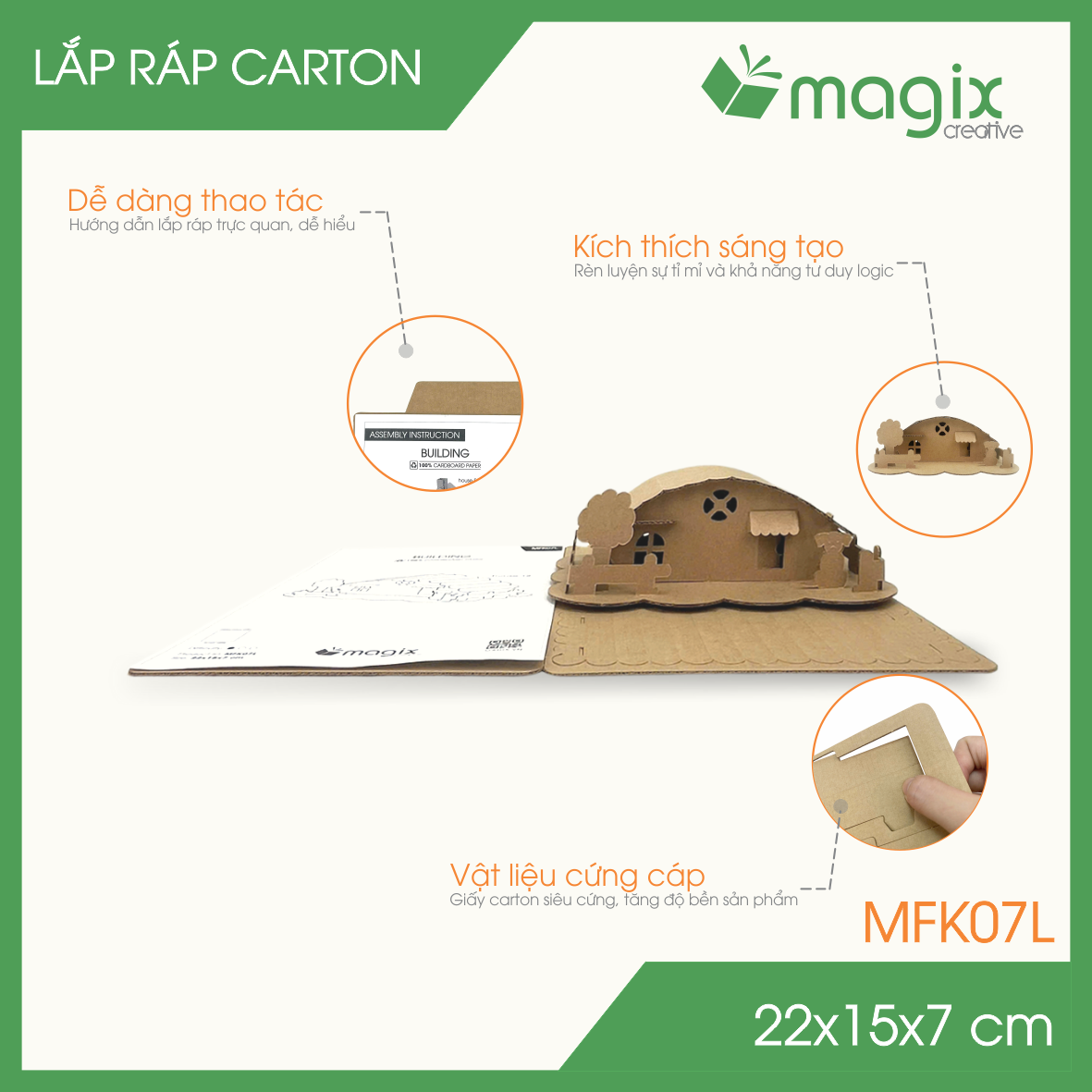 MFK07L - 22x15x7 cm - Mô hình ngôi nhà lắp ráp từ bìa carton cao cấp, nhà giấy carton mini sáng tạo