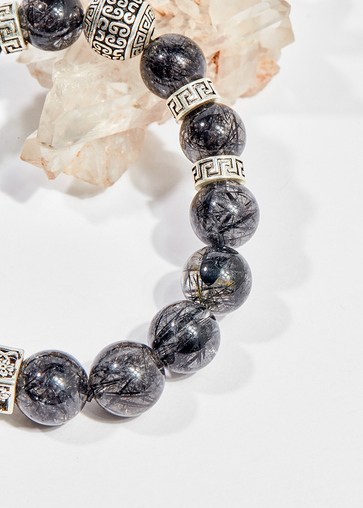 Vòng tay phong thủy đá thạch anh tóc đen charm bạc 13mm mệnh thủy , mộc - Ngọc Quý Gemstones