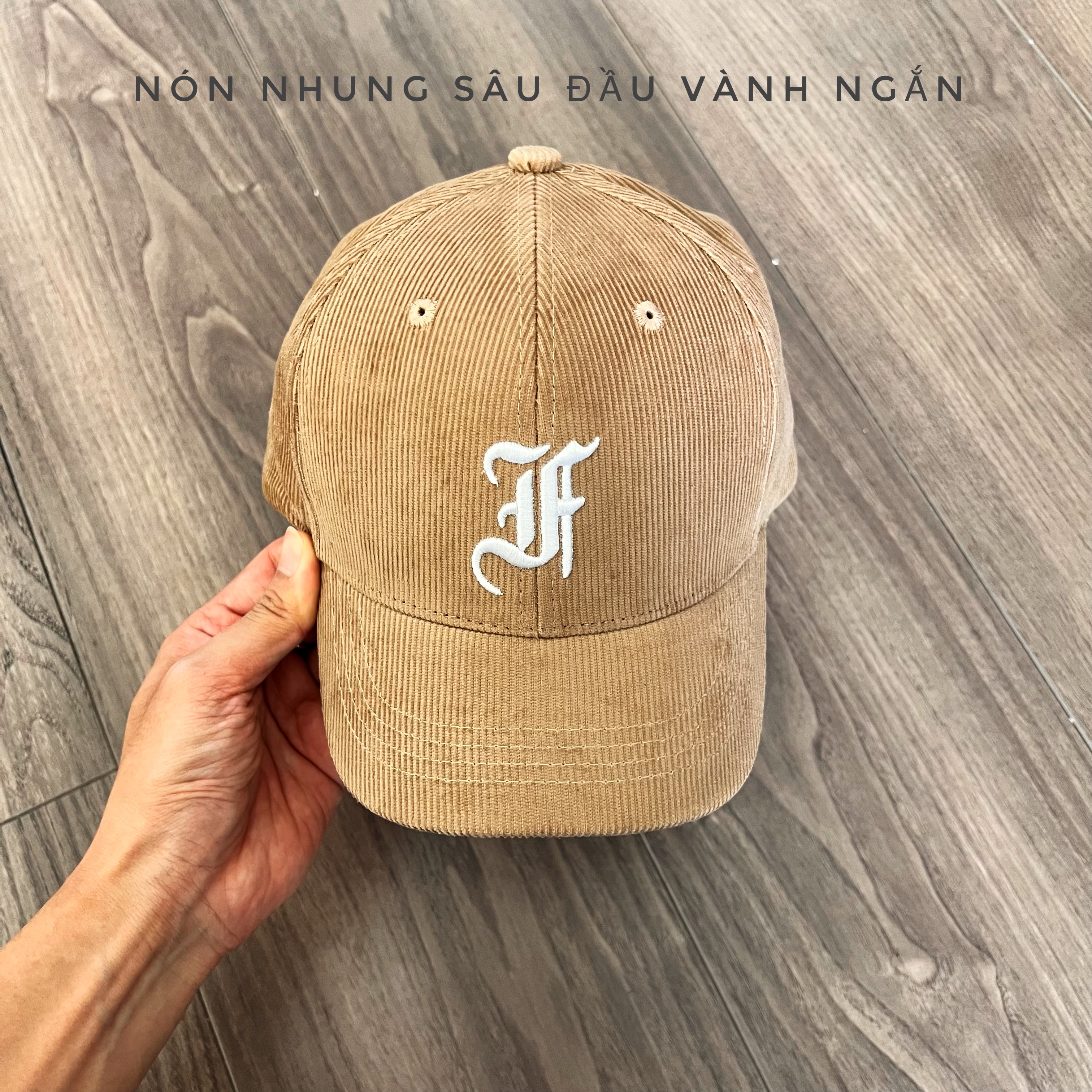 Nón lưỡi trai F chất vải nhung vành cong NGẮN dài 5,5cm màu vàng quai khoá dây Brand One Hat