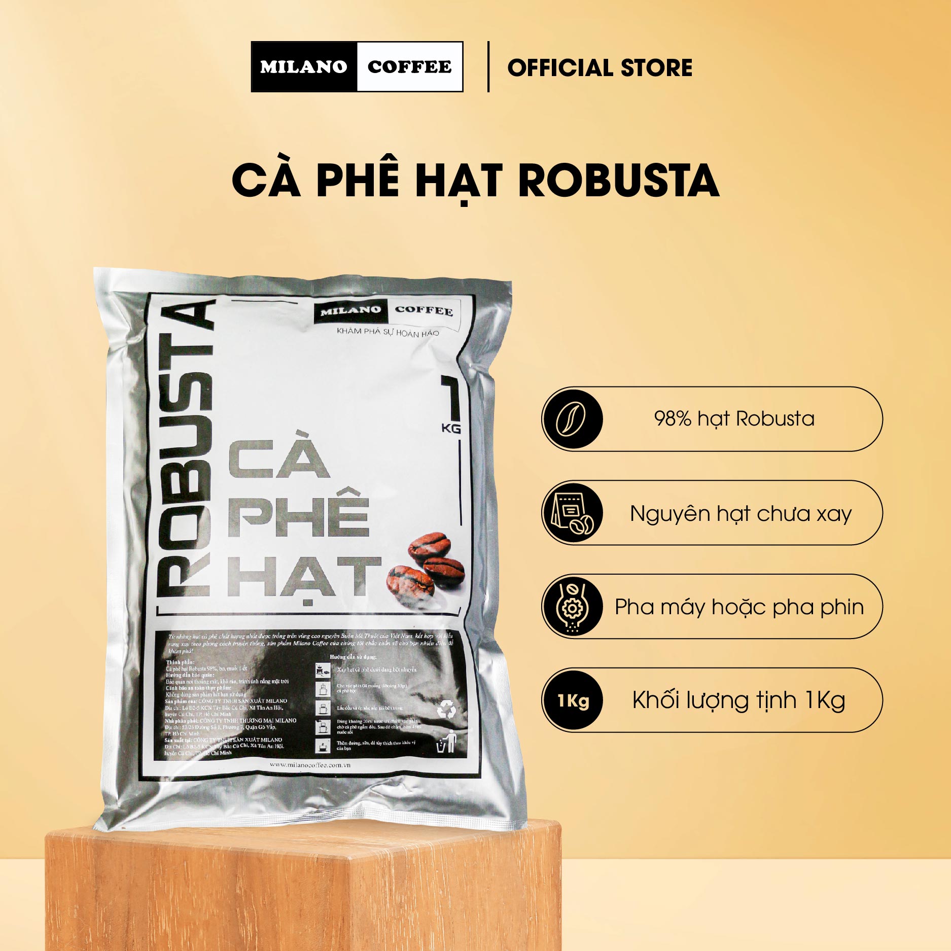 Cà phê Milano loại cà phê hạt Robusta 1kg