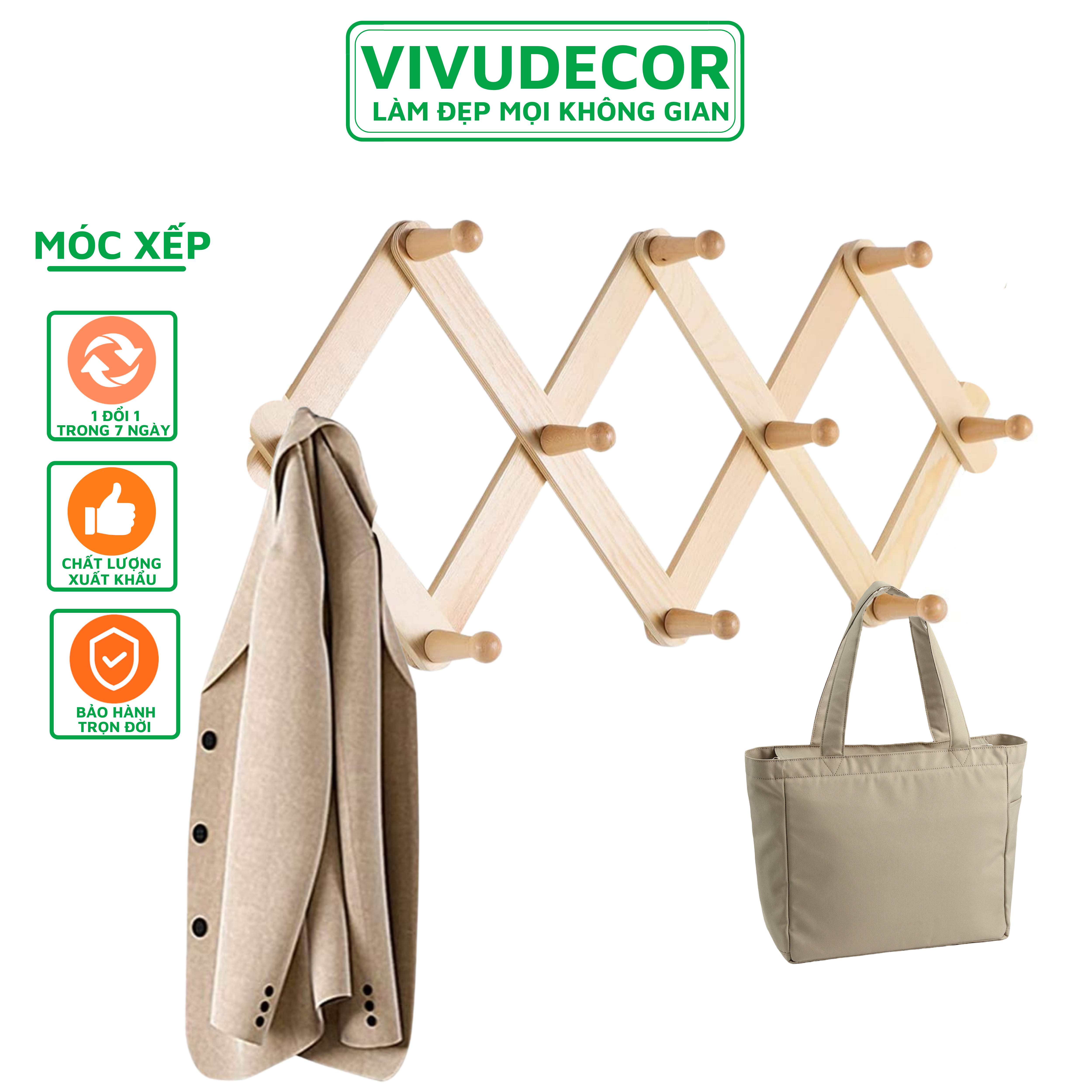 Móc Xếp Gỗ 10 Nhánh Tròn Vivudecor - Móc Xếp Thông Mình Biến Hình Phù Hợp Với Mọi Không Gian, Treo Tường Không Cần Khoan