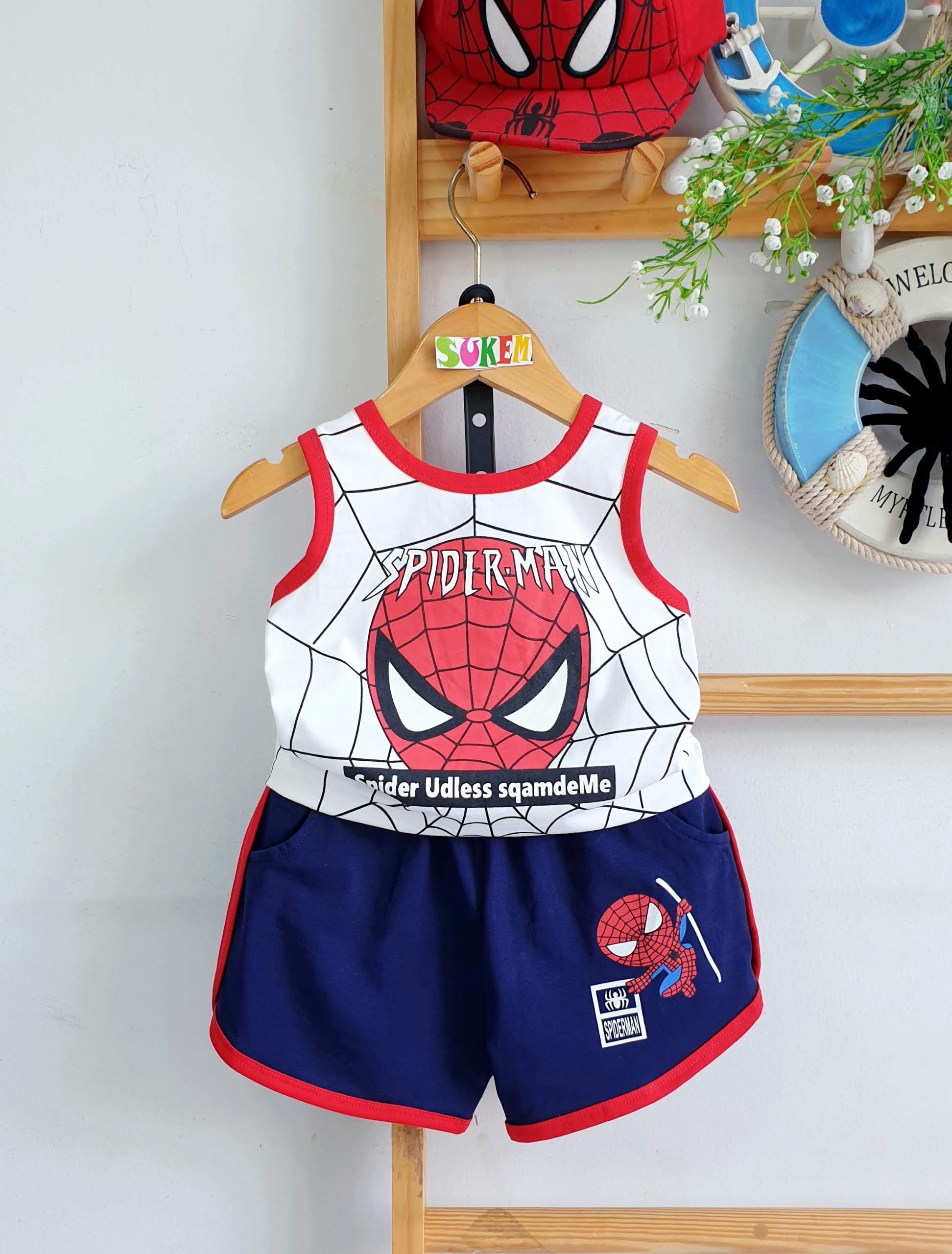 Bộ Quần Áo Ba Lỗ Hình Nhện SpiderMan Cho Bé Trai 8-24ki Chất Cotton Thun Mềm, Mát Mặc Hè