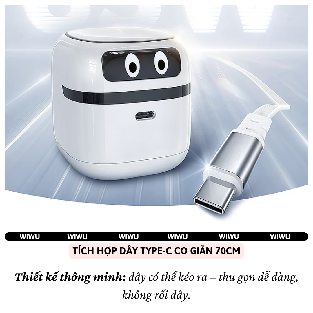Adapter cóc củ sạc nhanh 65W PD USB C kèm dây sạc Type-C PPS chống cháy hiệu WIWU Robot Fast Charger cho iPhone iPad Oppo Samsung  - Trang bị chip AI thông mình tự động điều chỉnh dòng điện, bảo vệ quá sạc - Hàng nhập khẩu