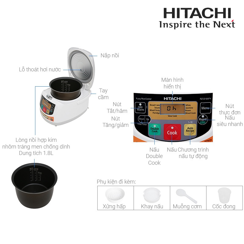 Nồi cơm điện tử 1.8L Hitachi RZ-D18GFY chế độ nấu Double Cook, sản xuất tại Thái Lan - Hàng chính hãng