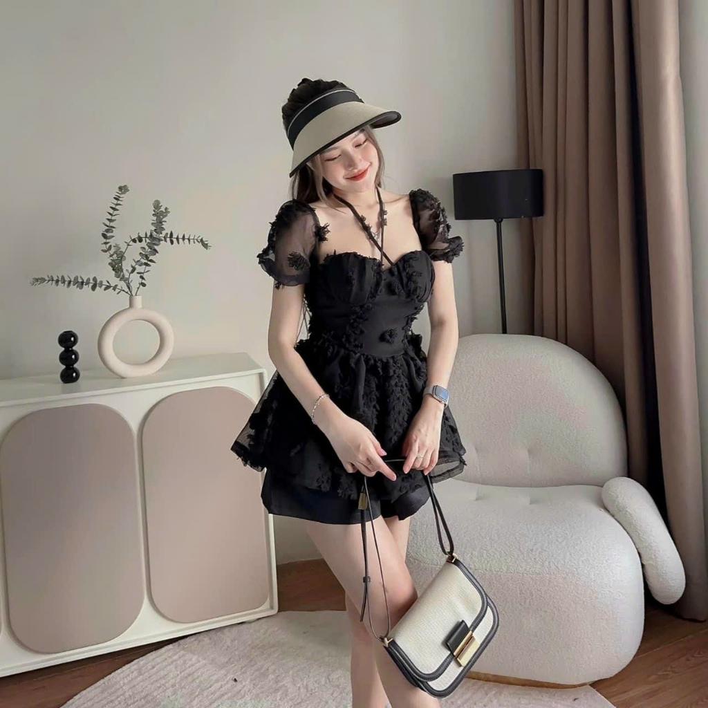 Sét bộ xô bông nổi áo vạt xoè cổ phối dây mocking thân sau kèm quần ngắn