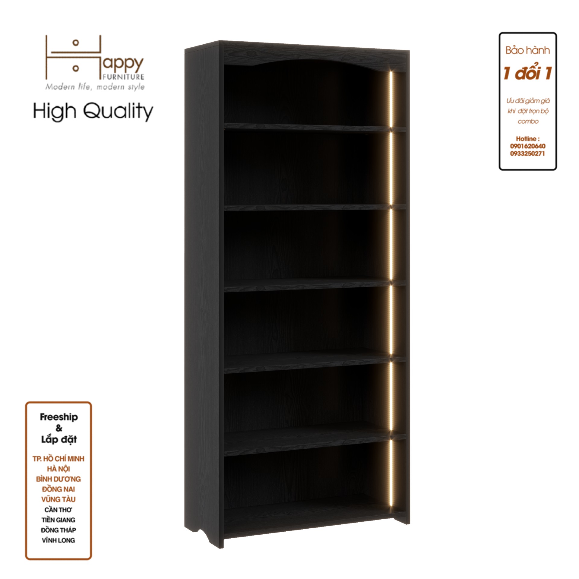 CATY, Kệ sách 6 ngăn tích hợp đèn LED, 70cm x 30cm x 160cm ,KSA_029_LED