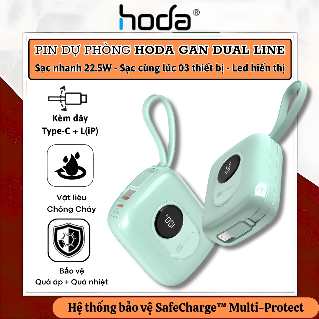 Pin sạc dự phòng sạc nhanh PD 22.5W 10.000mAh SafeCharge Multi-Protect Hoda Sạc 3 Thiết Bị, Tích Hợp Cáp Type-C &amp; L(iP) Sạc 3 Thiết Bị, 8 lớp bảo vệ an toàn – sạc mát, không hại pin - Hàng nhập khẩu