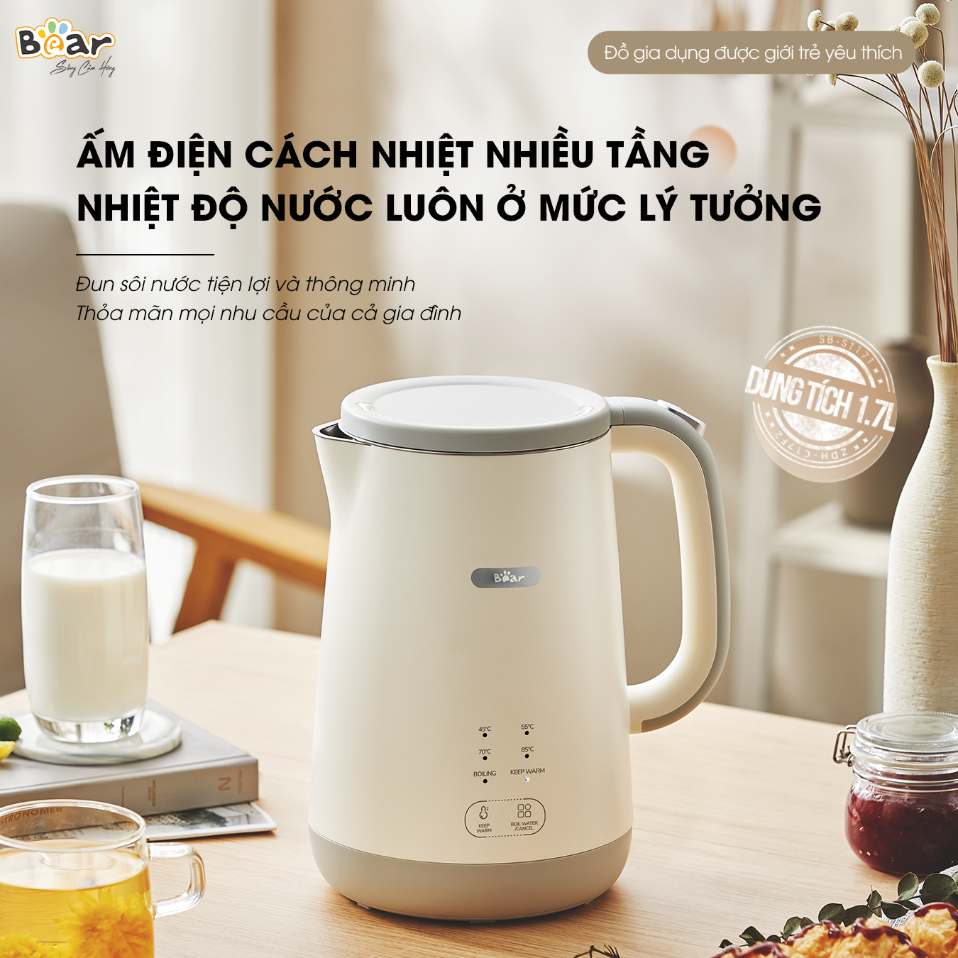 Ấm Đun Siêu Tốc Giữ Nhiệt Bear SB-ST17T 1800W Dung Tích 1,7L Cảm Ứng Dễ Dàng Sử Dụng - Hàng chính hãng