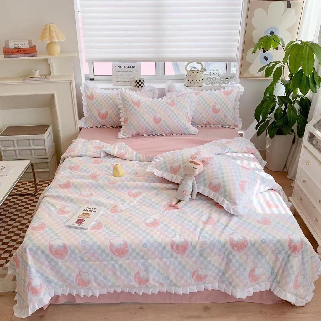 Bộ ga giường chăn chần bông hè chất Cotton Đũi bèo phong cách Hàn Quốc - Nhà Nhím Bedding