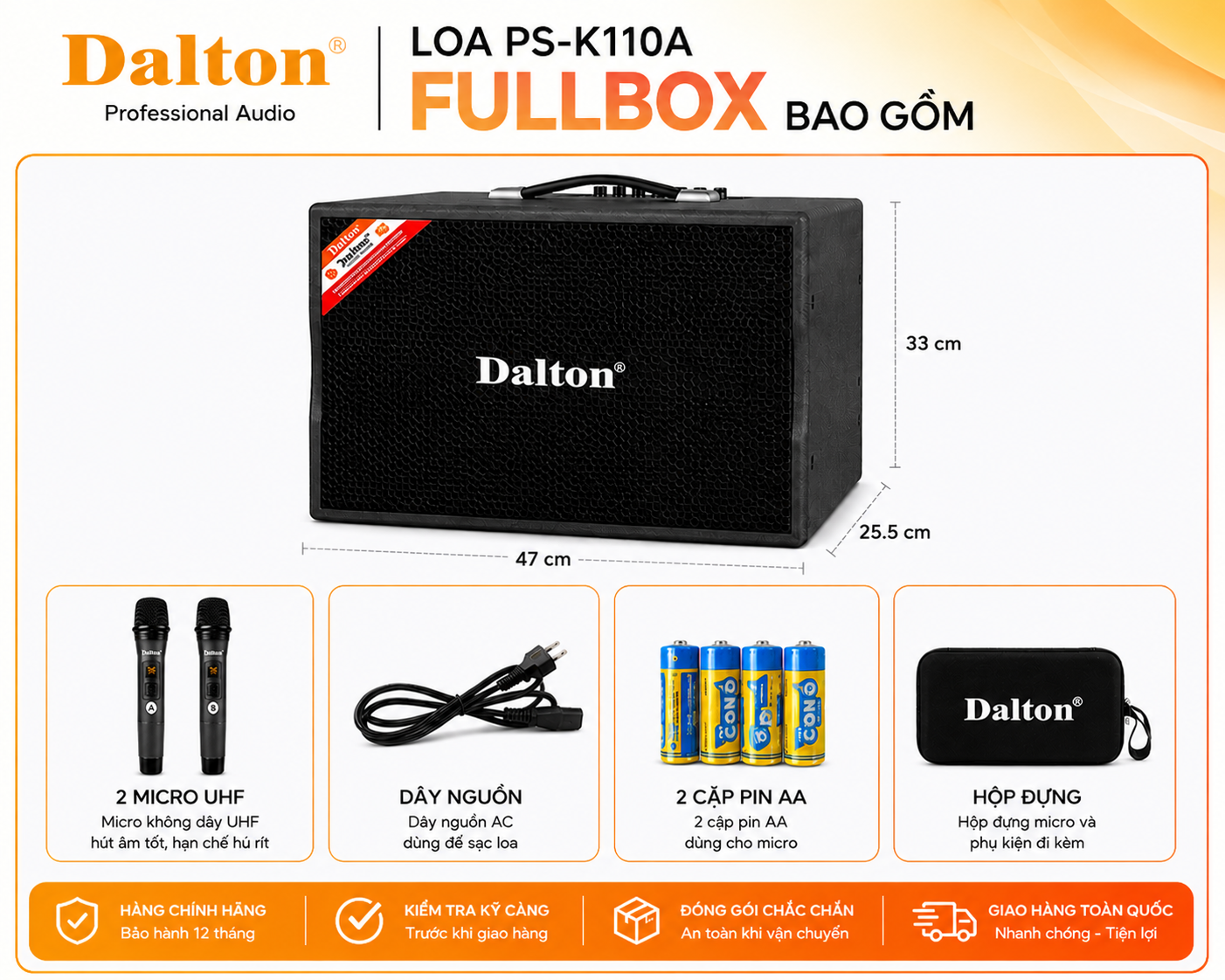 Loa karaoke xách tay Dalton PS-K110A công suất 280W bass đường kính 2.5 tấc ( 25 cm ) củ từ lớn, loa treble 10 inchs - HÀNG CHÍNH HÃNG-Sản phẩm sản xuất tại Việt Nam [ Bảo hành 12 tháng ]
