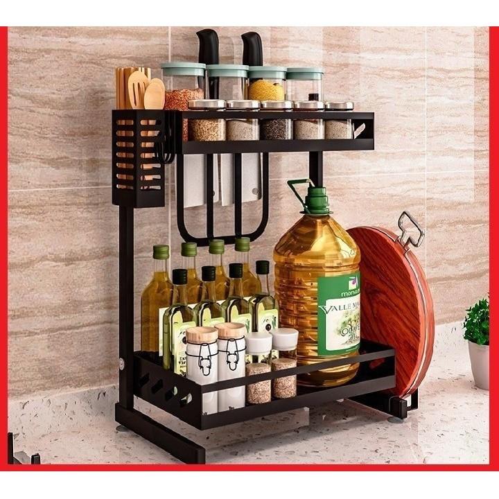 Kệ gia vị 2 tầng thép đen có chỗ để dao thớt - để đồ nhà bếp đa năng