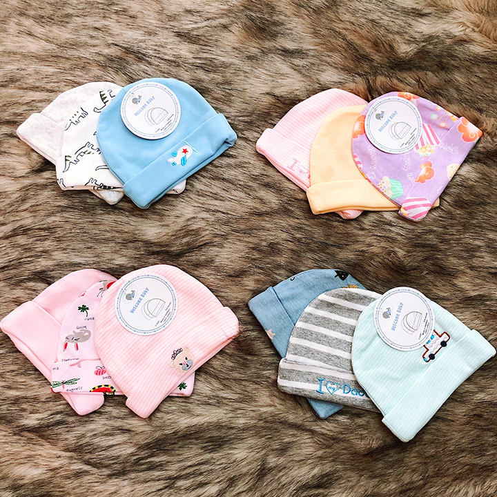 Set 3 nón mũ sơ sinh cho bé trai và bé gái từ 0-6 tháng tuổi chất thun cotton dày nhiều họa tiết – SS004