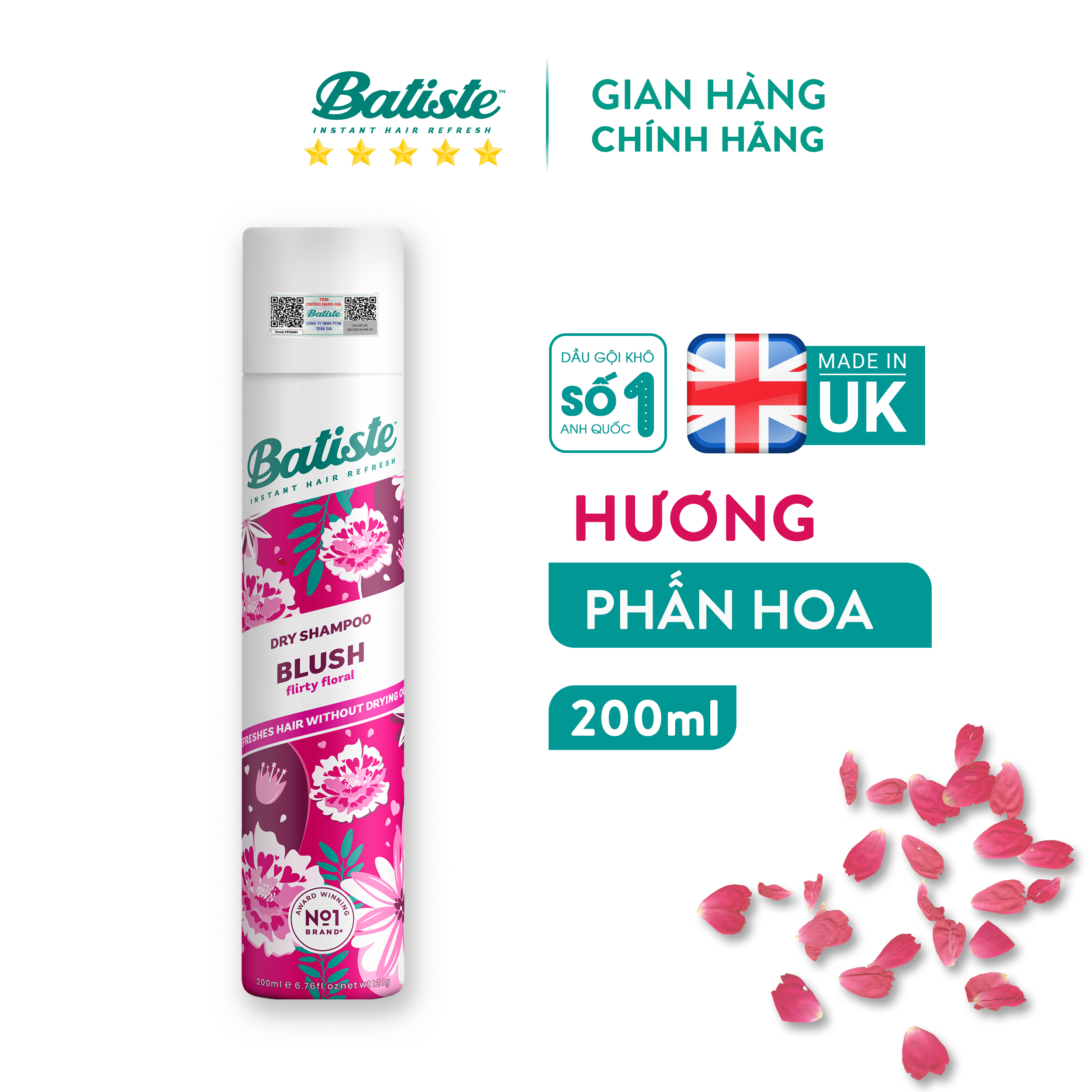 Dầu Gội Khô Batiste Hương Hoa Quyến Rũ - Batiste Dry Shampoo Floral &amp; Flirty Blush 200ml