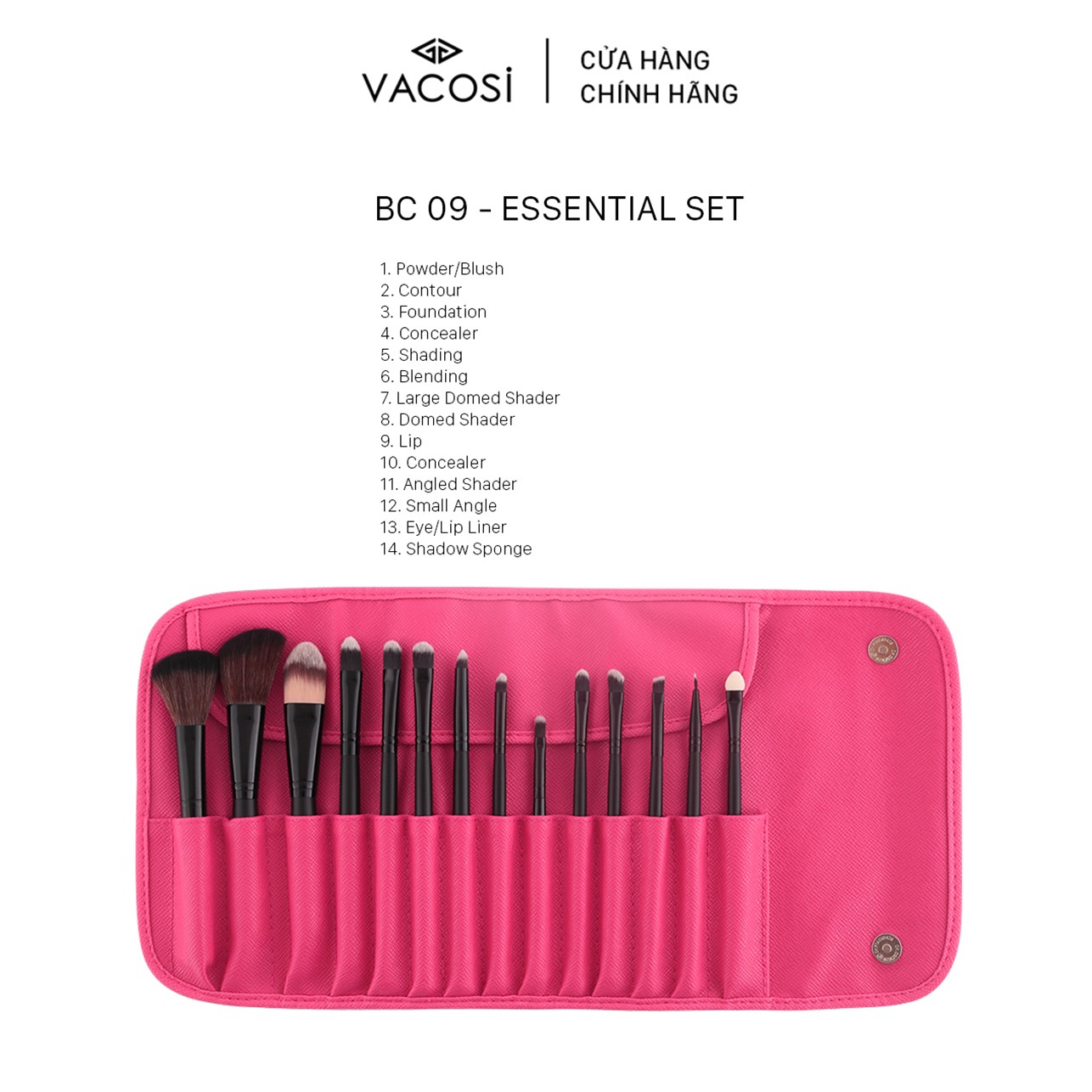 Bộ Cọ Cá Nhân 14 cây &amp; Bóp da Hồng - BC09 VACOSI ESSENTIAL BRUSH SET - 14 PCS