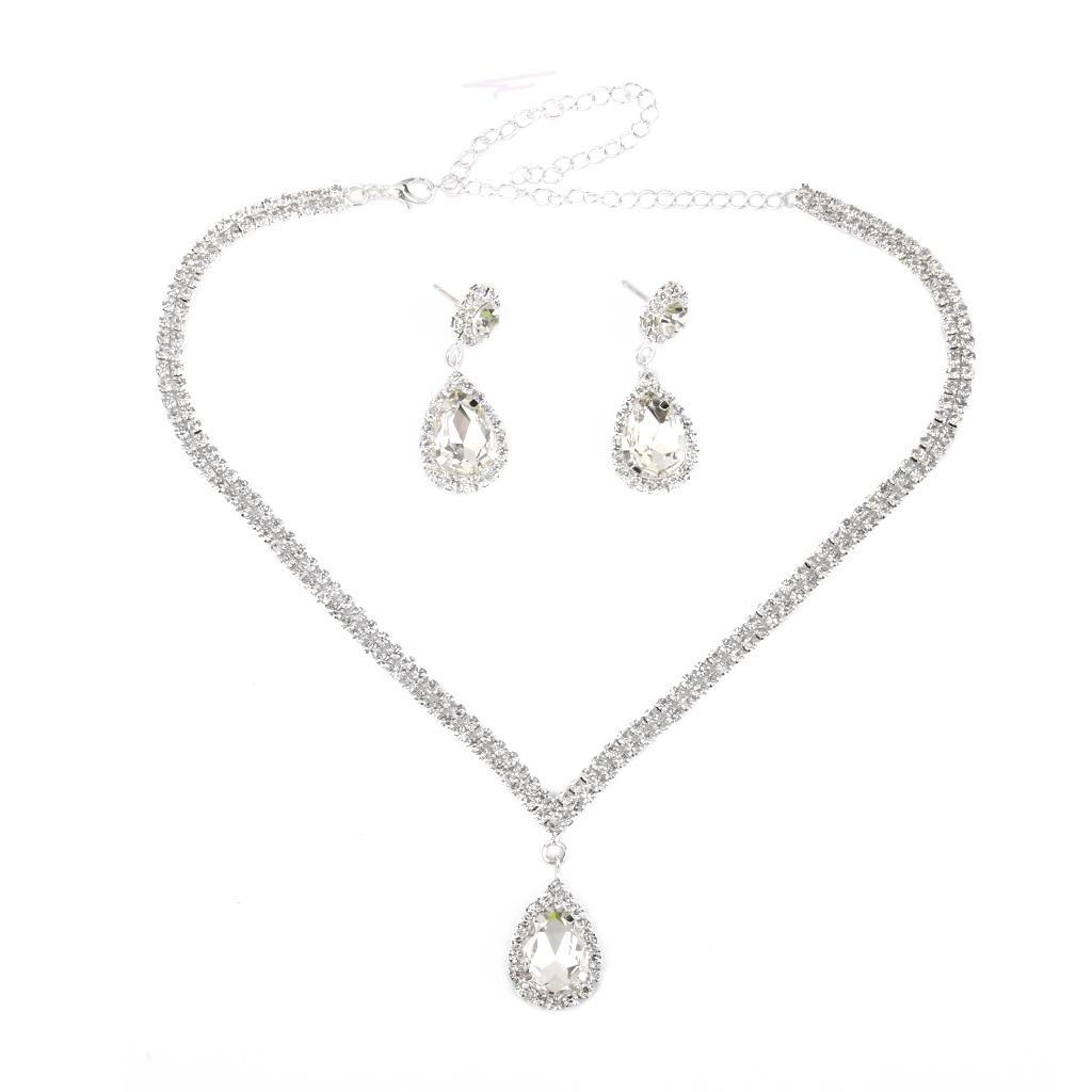 Wedding Prom Bridal Crystal Diamante Tear Drop Necklace Earrings Jewelry Set