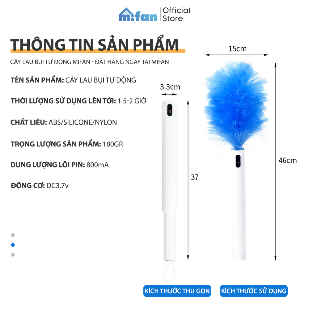 Chổi Lông Quét Bụi Tĩnh Điện Tự Động 360° MIFAN - Pin sạc USB, nhựa ABS cao cấp - Vệ sinh nội thất ô tô, nhà cửa