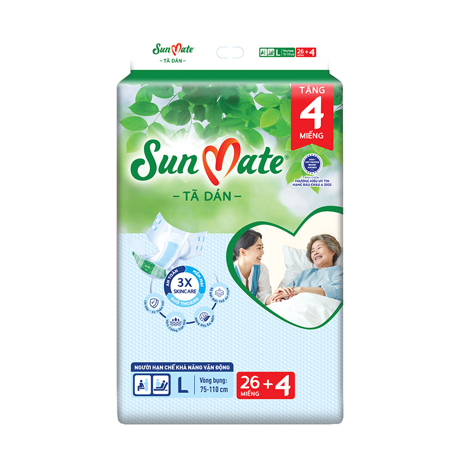 Combo 2 Tã dán người lớn Sunmate XA2 mới size L-26+4 miếng tặng kèm khăn ướt