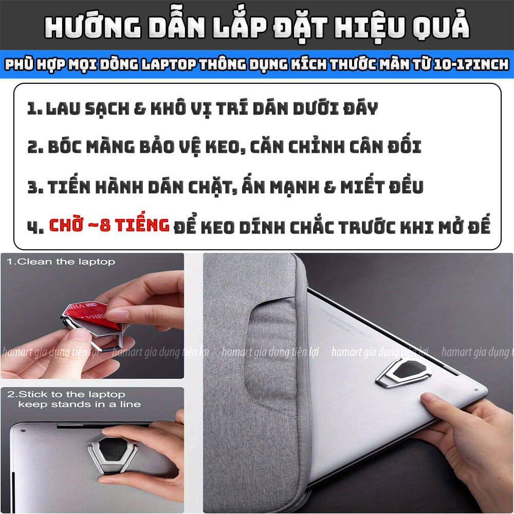 Bộ Đế Kê Laptop Tản Nhiệt Mini Kim Loại Kẽm Cao Cấp Gấp Gọn Giá Đỡ Macbook 2 Chân Keo Dán Siêu Dính - Hàng nhập khẩu