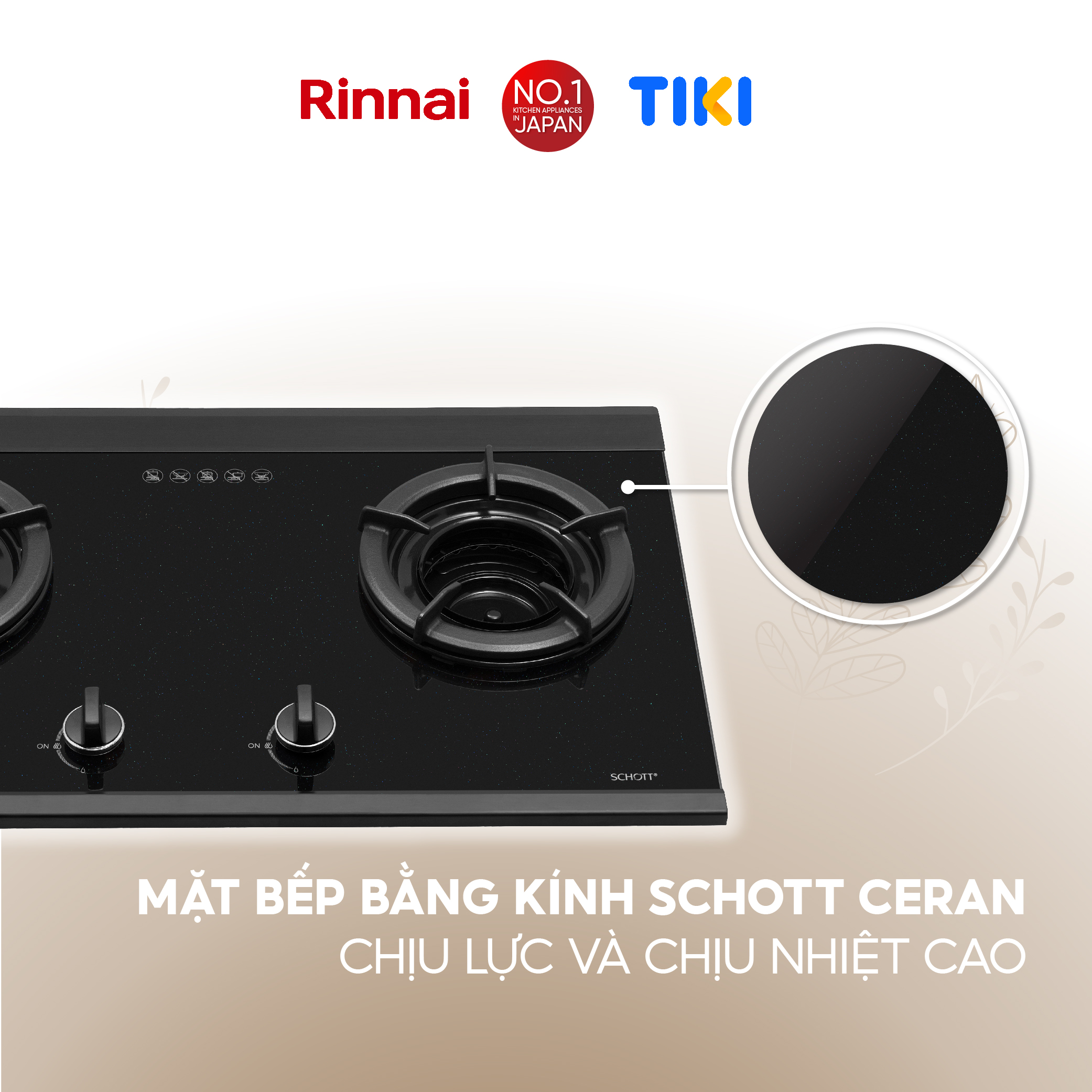 Bếp gas âm đầu đốt trong Rinnai RVB-2SCHi(SB) mặt bếp kính SCHOTT và kiềng bếp gang - Hàng chính hãng