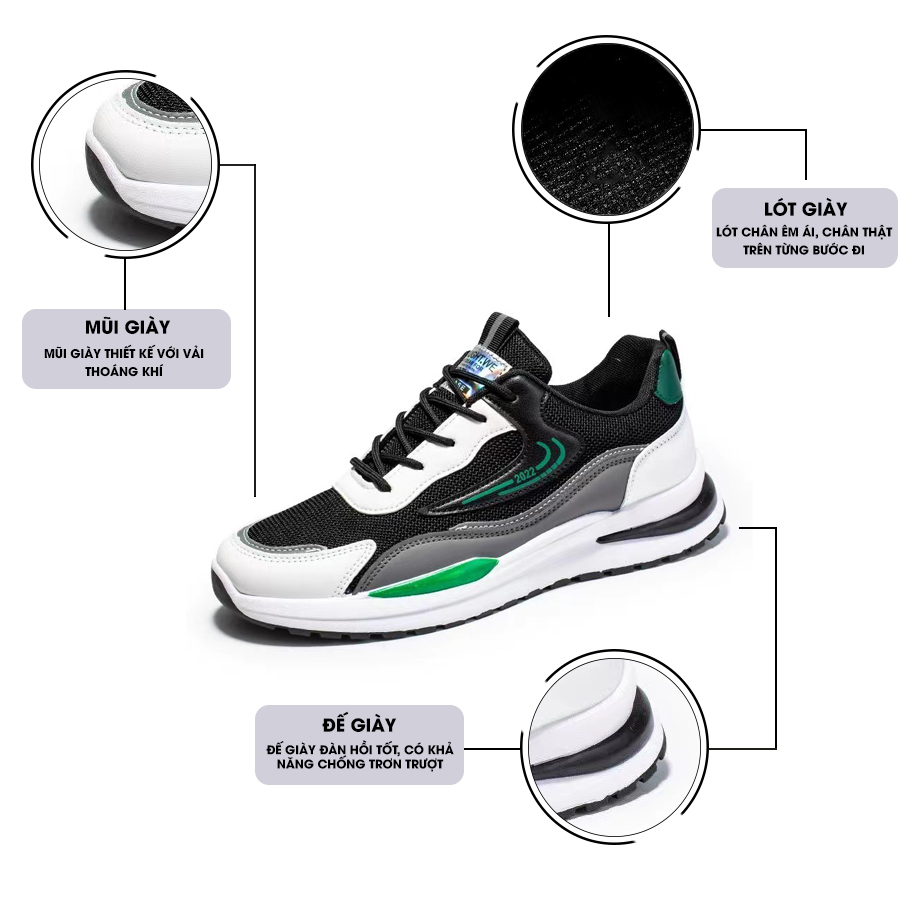 Giày Thể Thao Nam GEMI - Giày Sneaker Màu Đen - Xám, Giày Thể Thao Chạy Bộ, Thể Dục, Đi Chơi - G5296