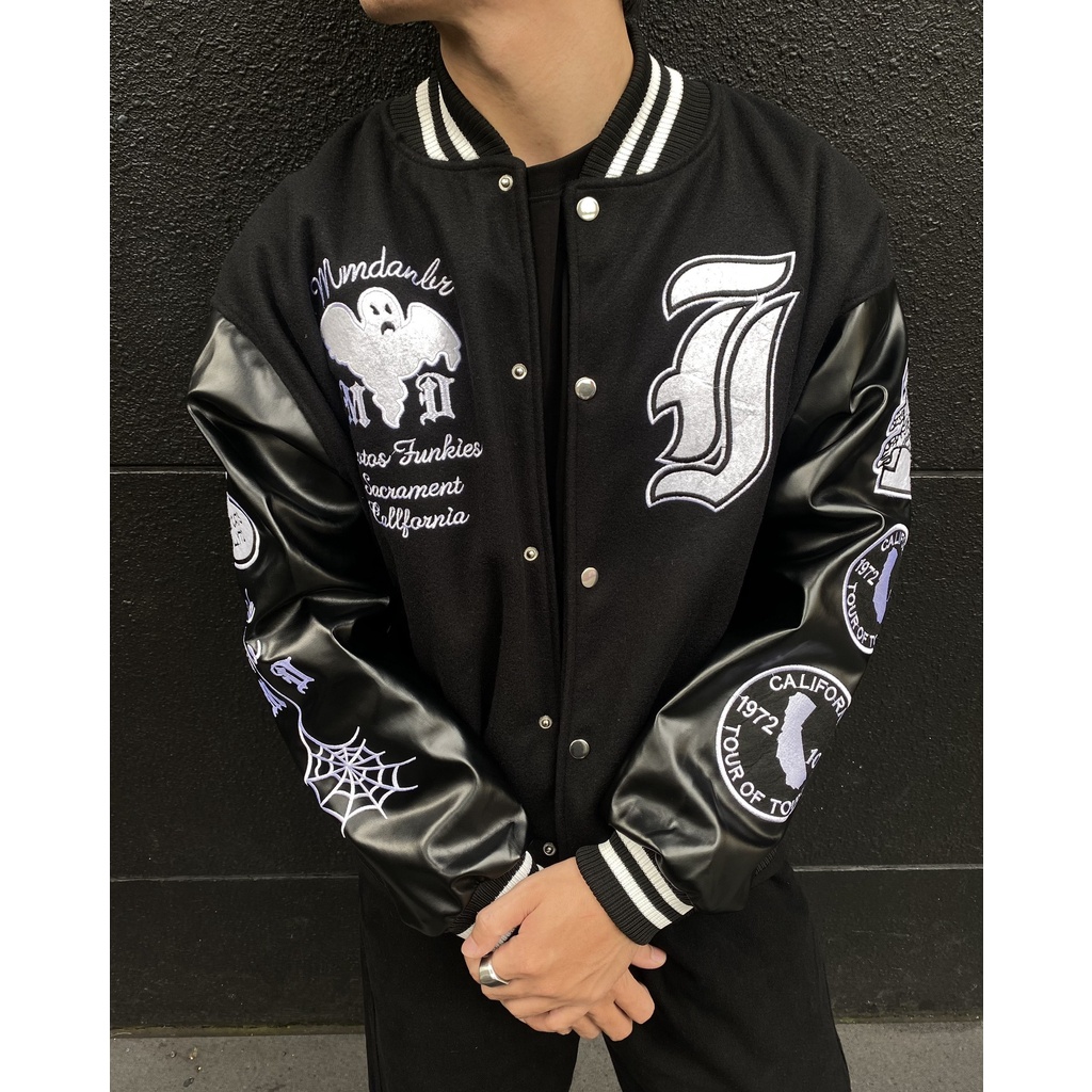 Bomber tay da ghost vintage, varsity jacket nam nữ chất dạ 2 lớp, áo khoác bóng chày local brand unisex