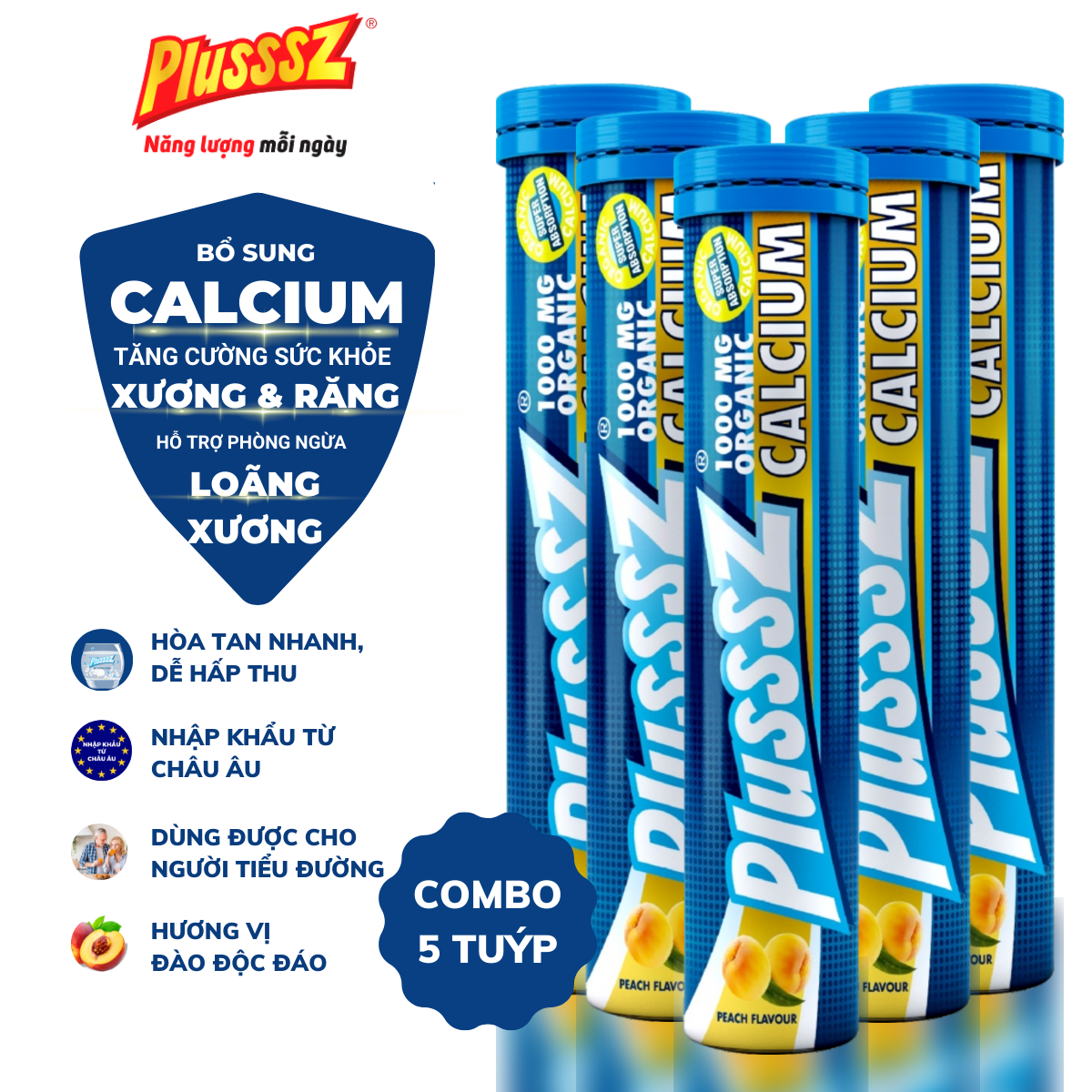 Viên sủi Plusssz Calcium vị Đào và chanh dây không Đường bổ sung canxi dạng hòa tan, dễ hấp thu hỗ trợ sức khỏe xương và răng, hỗ trợ ngăn ngừa loãng xương