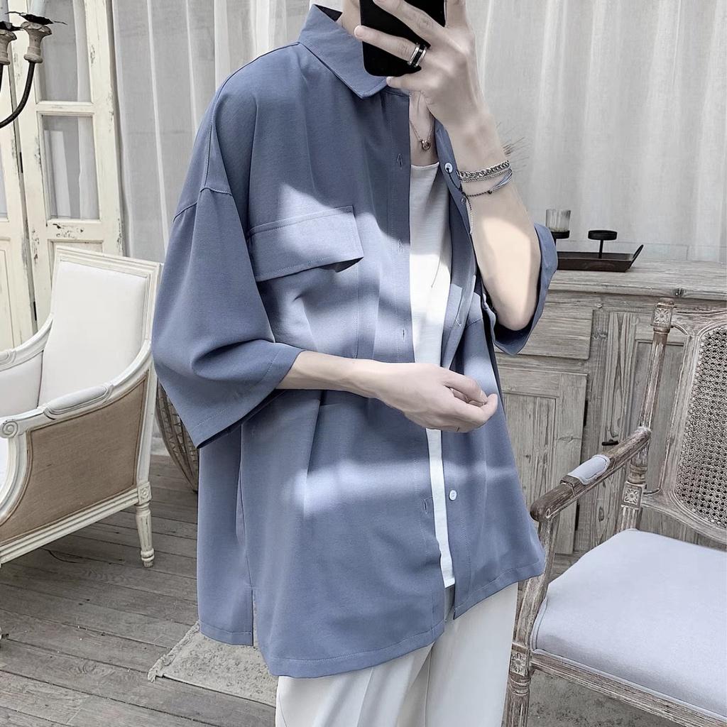 Áo sơ mi tay ngắn nam nữ unisex form rộng tay lỡ basic, chất vải đũi trơn Hàn cao cấp mịn, đi học đi chơi đi làm