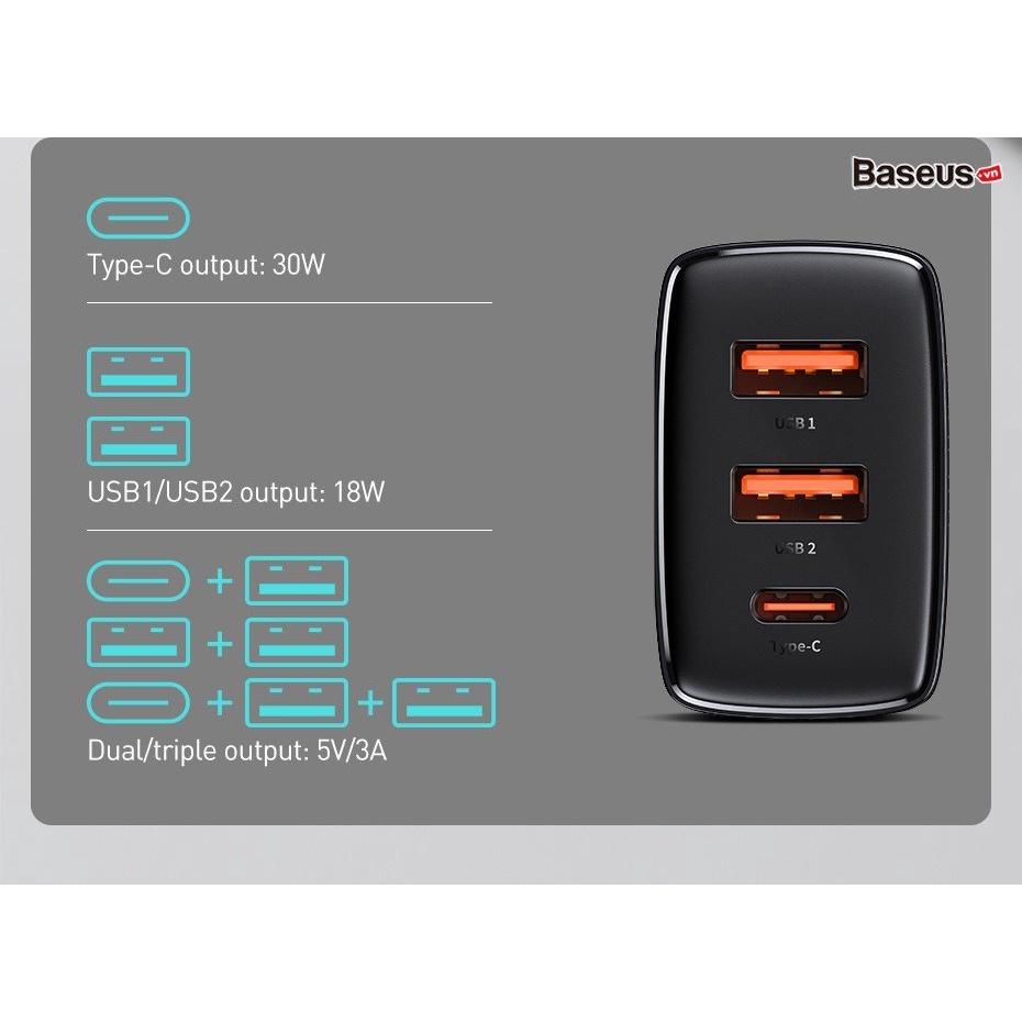 Cốc sạc nhanh 3 cổng Baseus Compact USB dual port + TypeC 30W PD/QC3.0 - Hàng Chính Hãng