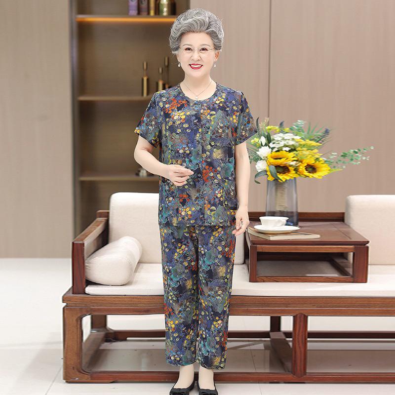 Đồ bộ mặc nhà cho người già cao tuổi, bộ mặc nhà tay cộc quần dài nữ trung niên