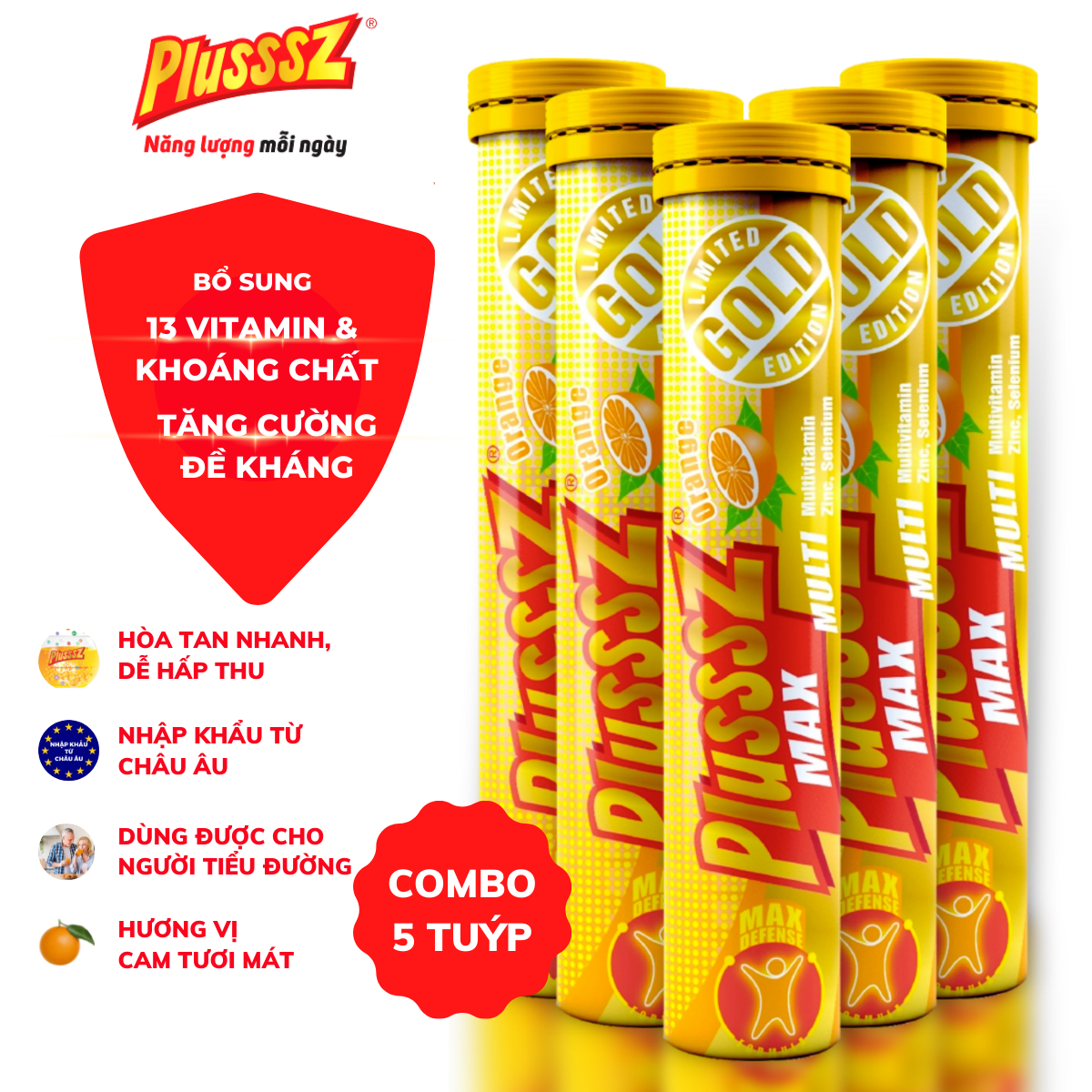 Viên sủi Plusssz Max Multivitamin hương vị Cam không đường bổ sung vitamin C và khoáng chất dạng hòa tan, dễ hấp thu hỗ trợ tăng cường đề kháng, vững vàng sức khỏe .