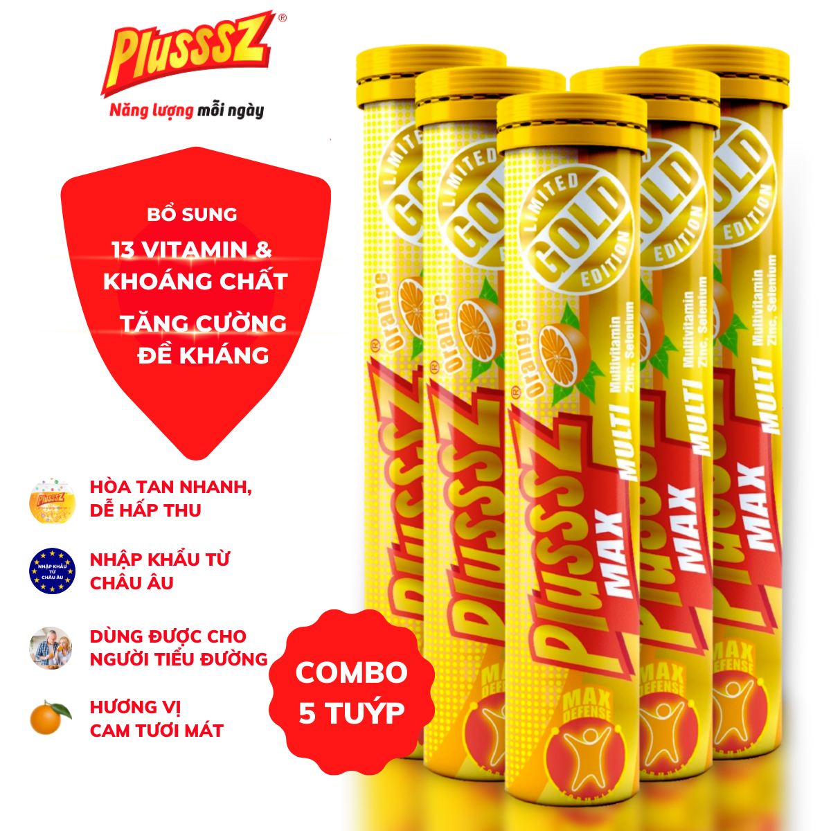 {COMBO5TUYP} Viên sủi Plusssz Max Multivitamin hương vị Cam không đường bổ sung vitamin C và khoáng chất dạng hòa tan, dễ hấp thu hỗ trợ tăng cường đề kháng, vững vàng sức khỏe (Tuýp 20 viên sủi).