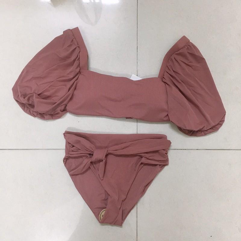 Bikini 2 mảnh áo tay con màu hồng đất, ,chất thun gân xinh xắn