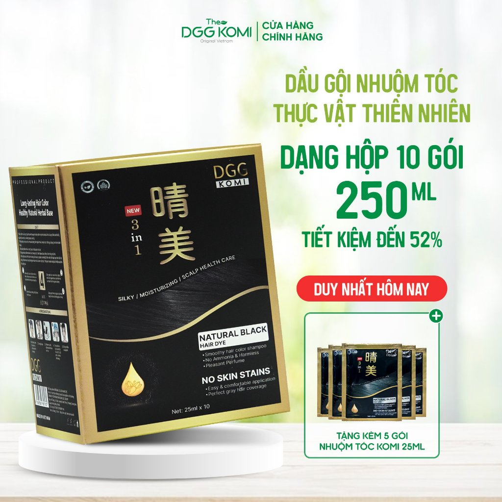 Combo 3 gói dầu gội nhuộm tóc thảo dược DGG KOMI Việt Nam lên màu chuẩn salon chiết xuất thiên nhiên dung tích 25ml/1gói