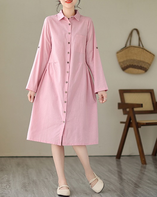 Đầm sơ mi suông dáng xòe thiết kế tay sắn phối 2 túi sườn trẻ trung vải Linen mềm mại