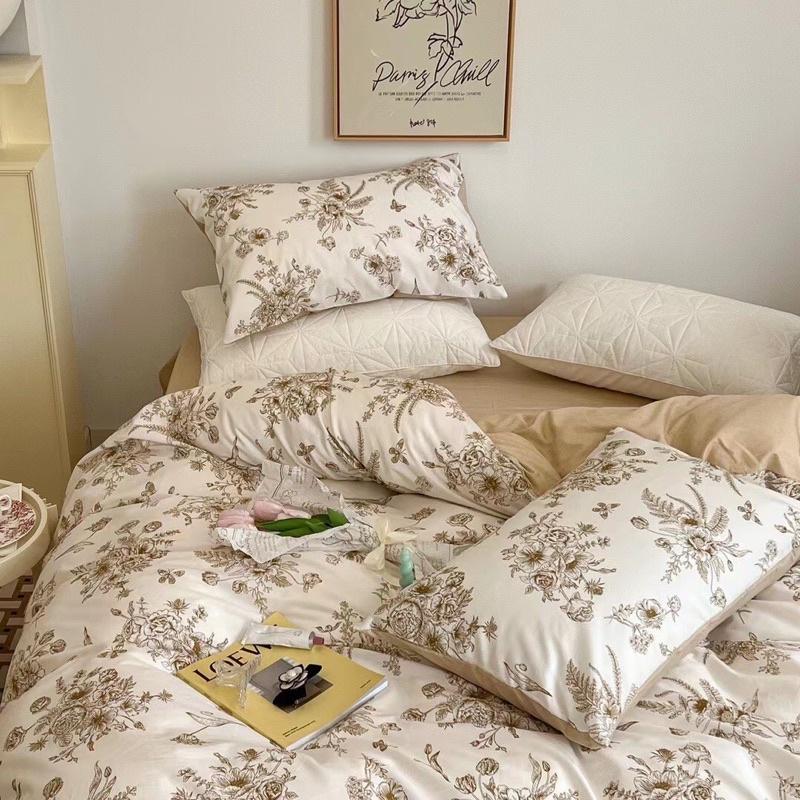 Bộ Chăn Ga Gối Cotton Living 100% Cotton Hàng Nhập Khẩu Cao Cấp 4 Món Hoa Xanh