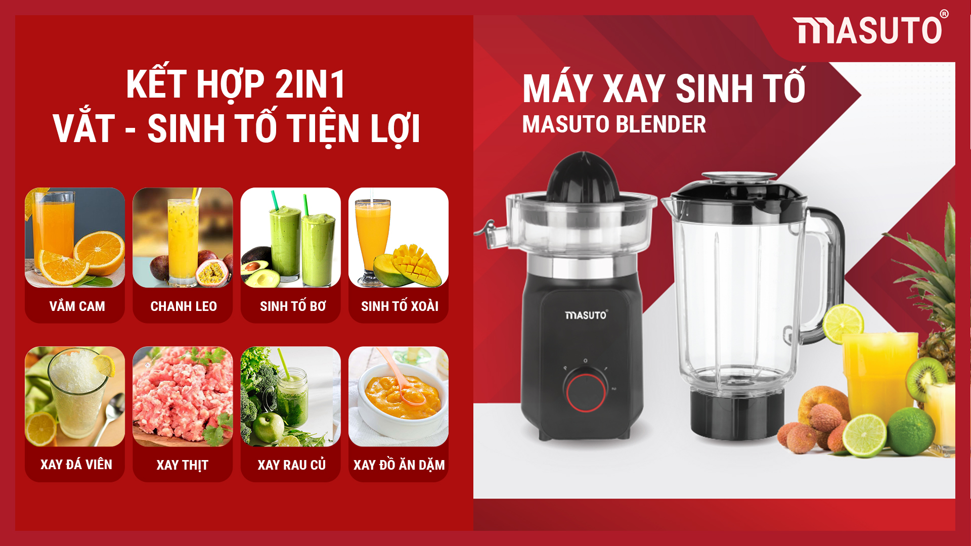 Máy xay sinh tố vắt cam đa năng Masuto Blender cối 1,25L say đá viên hoa quả smoothie siêu nhuyễn mịn-HÀNG CHÍNH HÃNG