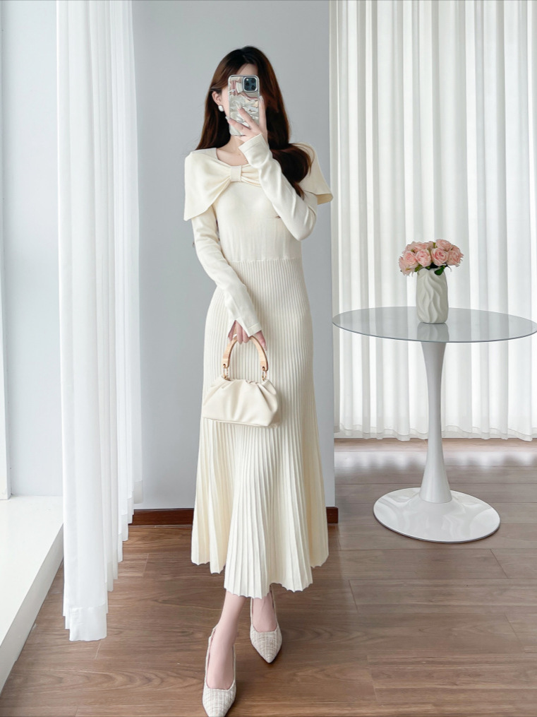 Đầm Len Dệt Kim Cổ Nơ Kiểu Pháp Cổ Điển AL07 - Hàng Quảng Châu Cao Cấp