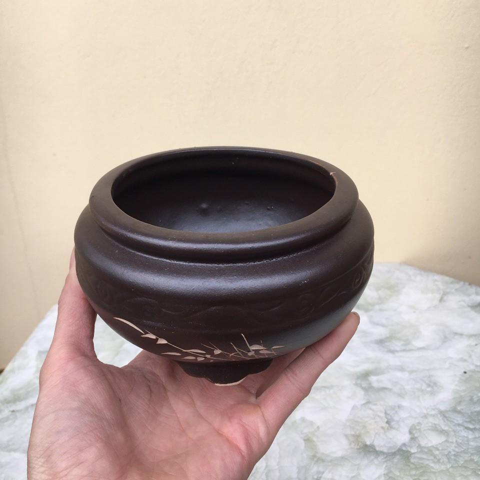 Chậu bonsai Tròn khắc mini đất nung màu đen gốm Bát tràng 1 size BM-131