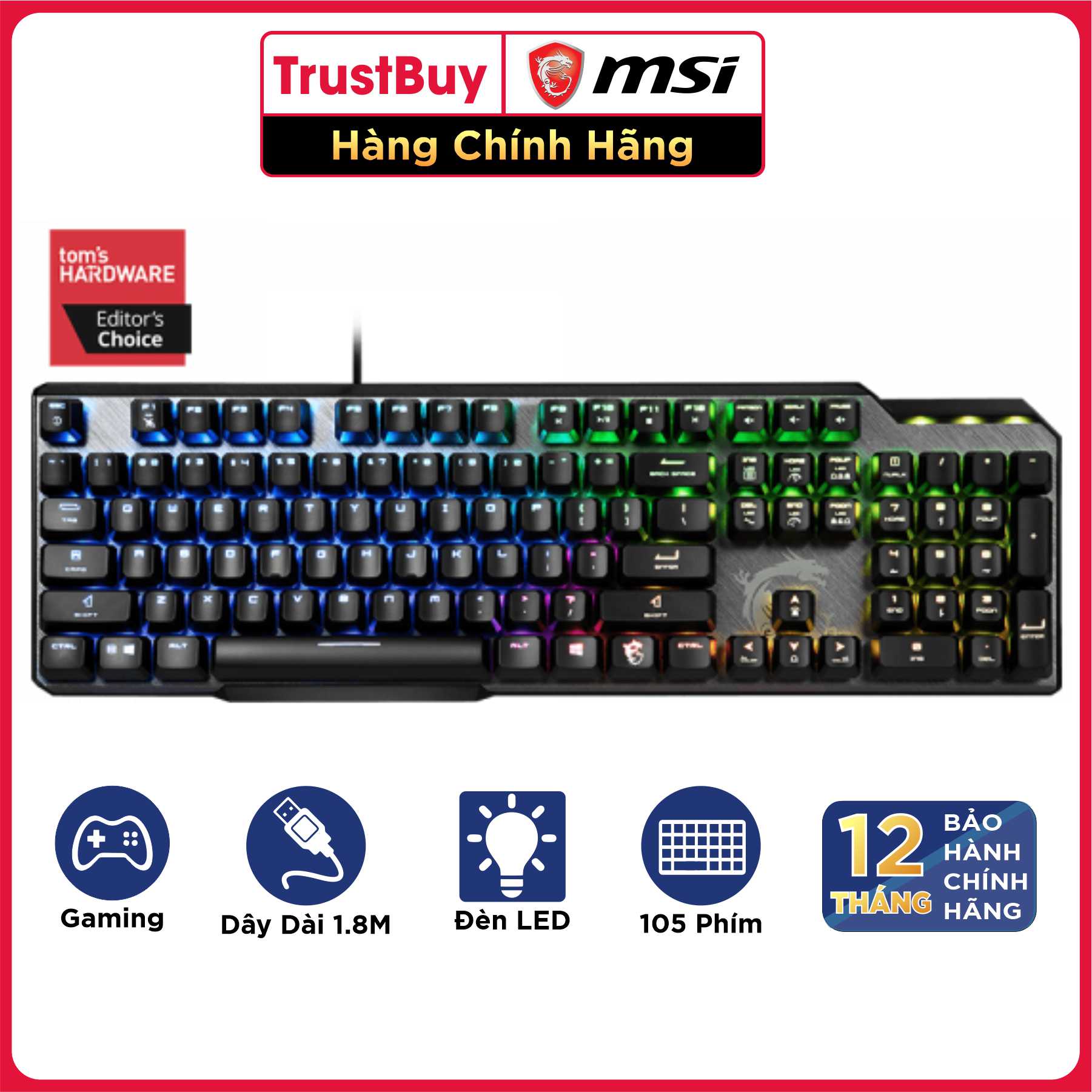 Bàn Phím Gaming Cơ MSI Vigor GK50 Kailh Blue Đèn LED RGB, Dây Cắm USB Dài 1.8M - Hàng Chính Hãng